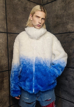 Gradient fleece jacket faux fur tie-dye print bomber in blue