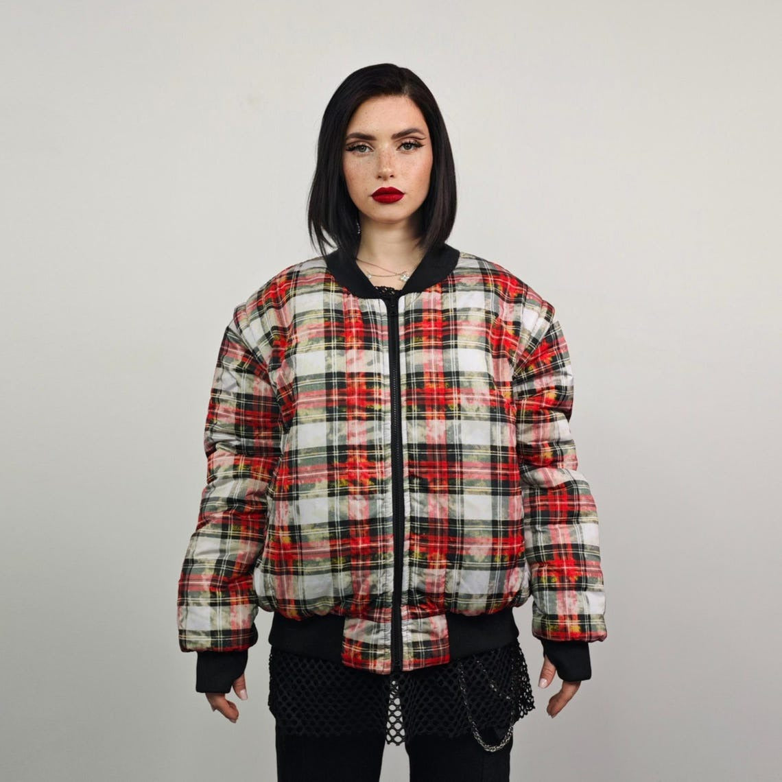 Tie-dye check bomber yellow tartan jacket raver reversible college varsity detachable sleeves handmade plaid puffer grunge punk rocker coat
