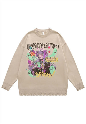 Anime sweater spooky jumper ripped knitted Kawaii top black