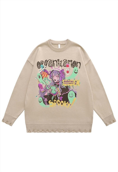 Anime sweater spooky jumper ripped knitted Kawaii top black