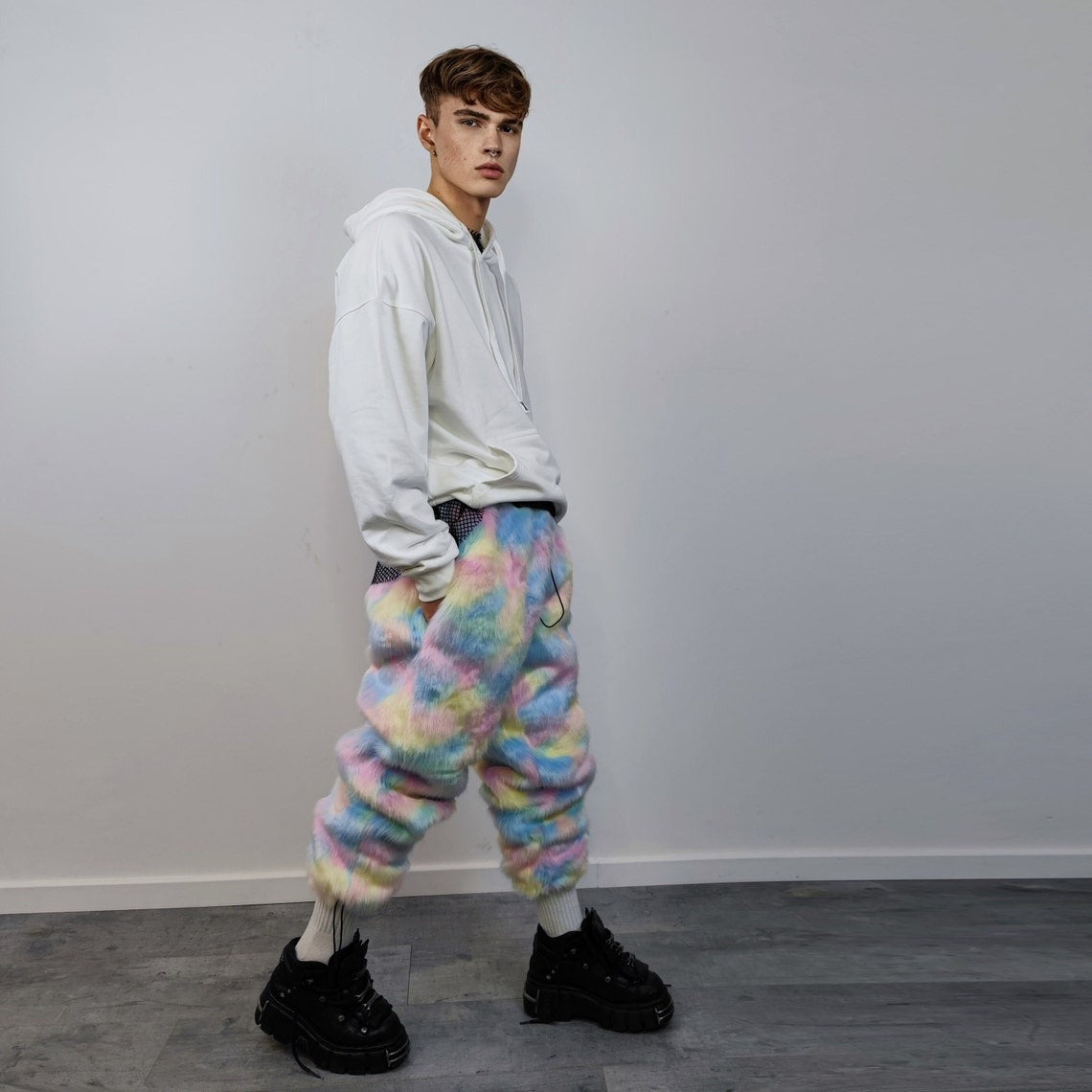 Unicorn fur joggers winter raver pants fluffy rainbow trousers skiing fleece tie-dye overalls festival bottoms burning man pants pastel pink