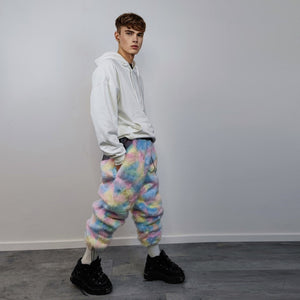 Unicorn fur joggers winter raver pants fluffy rainbow trousers skiing fleece tie-dye overalls festival bottoms burning man pants pastel pink