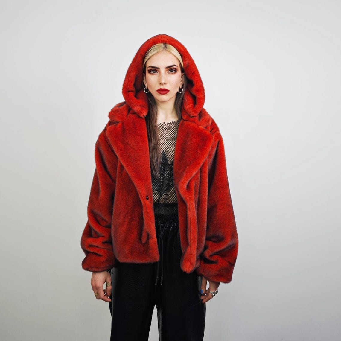 Red faux fur coat cropped trench short going out jacket grunge detachable sleeves handmade luxury festival overcoat fleece