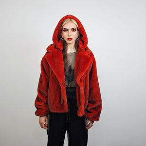 Red faux fur coat cropped trench short going out jacket grunge detachable sleeves handmade luxury festival overcoat fleece
