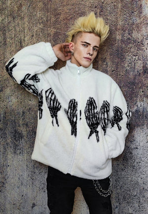 Bones fleece jacket faux fur grunge skeleton bomber in white