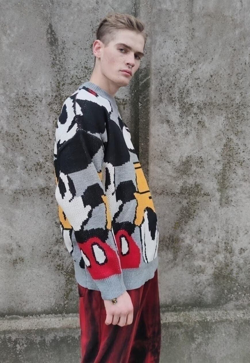 Mouse print knitted sweater cartoon Donald sweatshirt grey