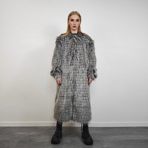 Shaggy fur coat stripe pattern longline collarless trench rocker overcoat long hair bomber festival jacket customizable peacoat grey white