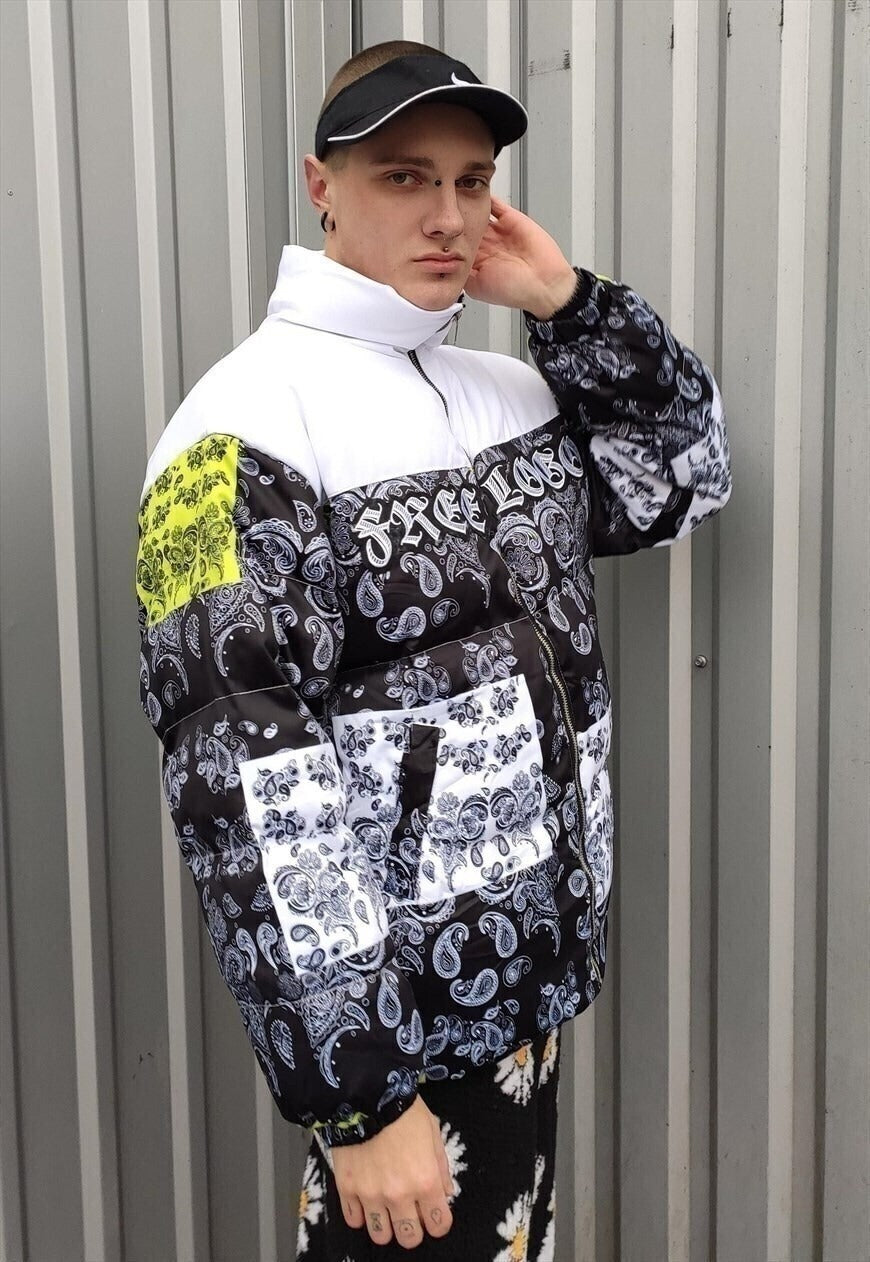 Paisley print bomber bandana puffer jacket in white black