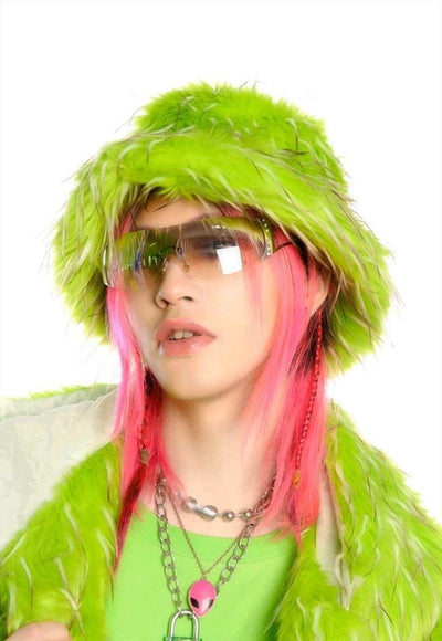 Festival faux fur bucket hat fluffy neon hat rave cap green