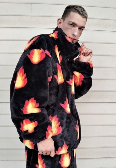 Flame fleece jacket handmade retro fire bomber black orange