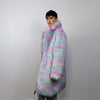 Candy faux fur long coat unicorn trench neon raver bomber fluffy tie-dye fleece psychedelic festival jacket burning man going out coat pink