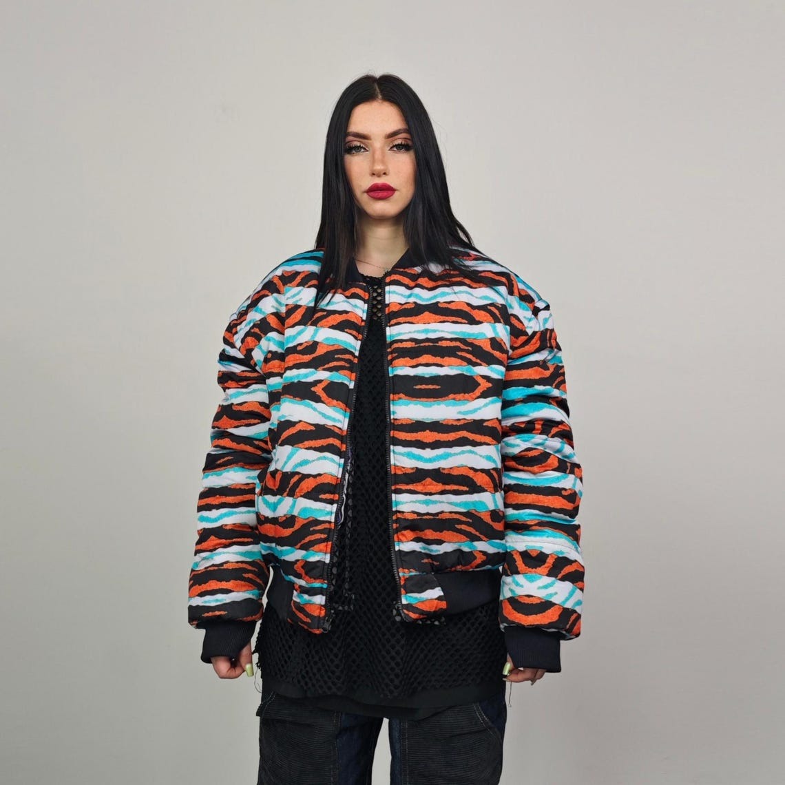 Zebra jacket blue white animal print bomber reversible striped college varsity detachable sleeves handmade rave puffer grunge festival coat