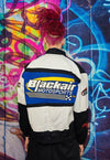 Motorcycle jacket multi patch padded racing bomber in blue