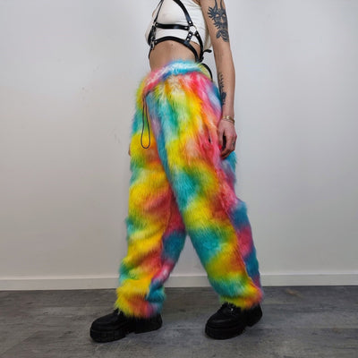 Rainbow faux fur joggers raver pants fluffy psychedelic trousers ski fleece unicorn overalls festival bottoms burning man pants in orange