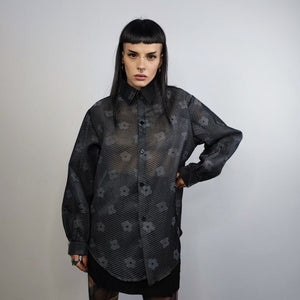 Transparent mesh shirt long sleeve floral sheer blouse grunge party see-through top curved button up festival top in grey black