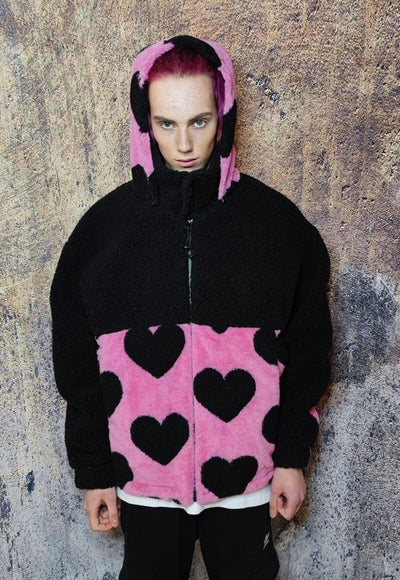 Heart fleece hood jacket handmade fluffy emoji bomber black