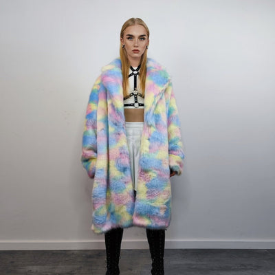 Faux fur long unicorn coat rainbow trench pastel raver bomber fluffy winter tie-dye fleece festival jacket burning man barbie coat pink blue