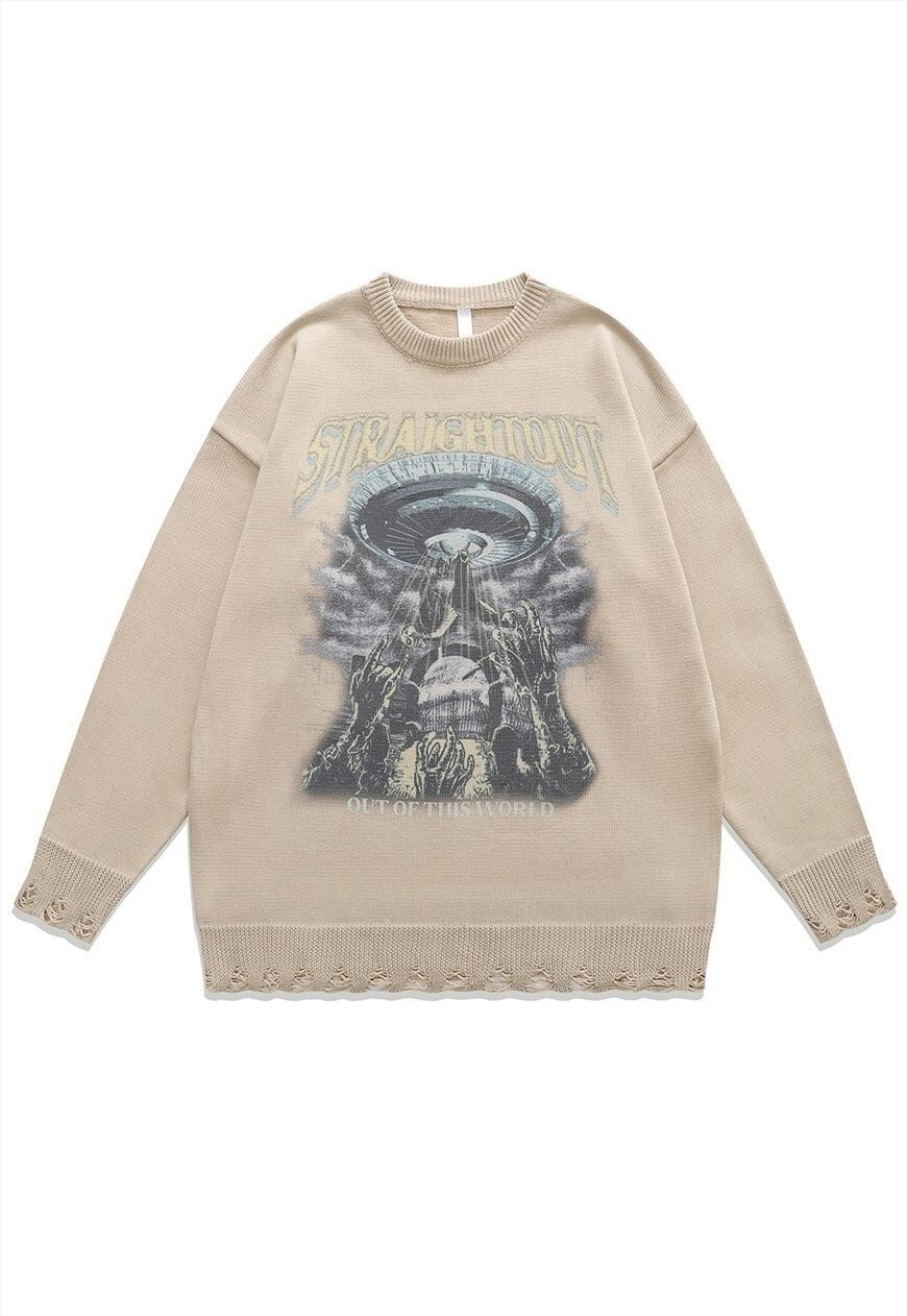 Alien zombie sweater creepy knit distressed jumper in black