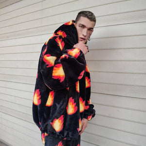 Luxury flame jacket fluffy fire print bomber handmade soft catwalk fleece puffer premium grunge hooded thunder coat in black orange red