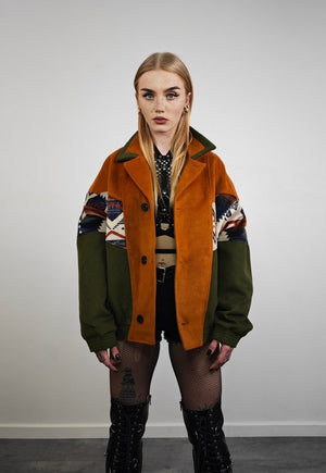 Native varsity jacket green suede feel retro Aztec bomber