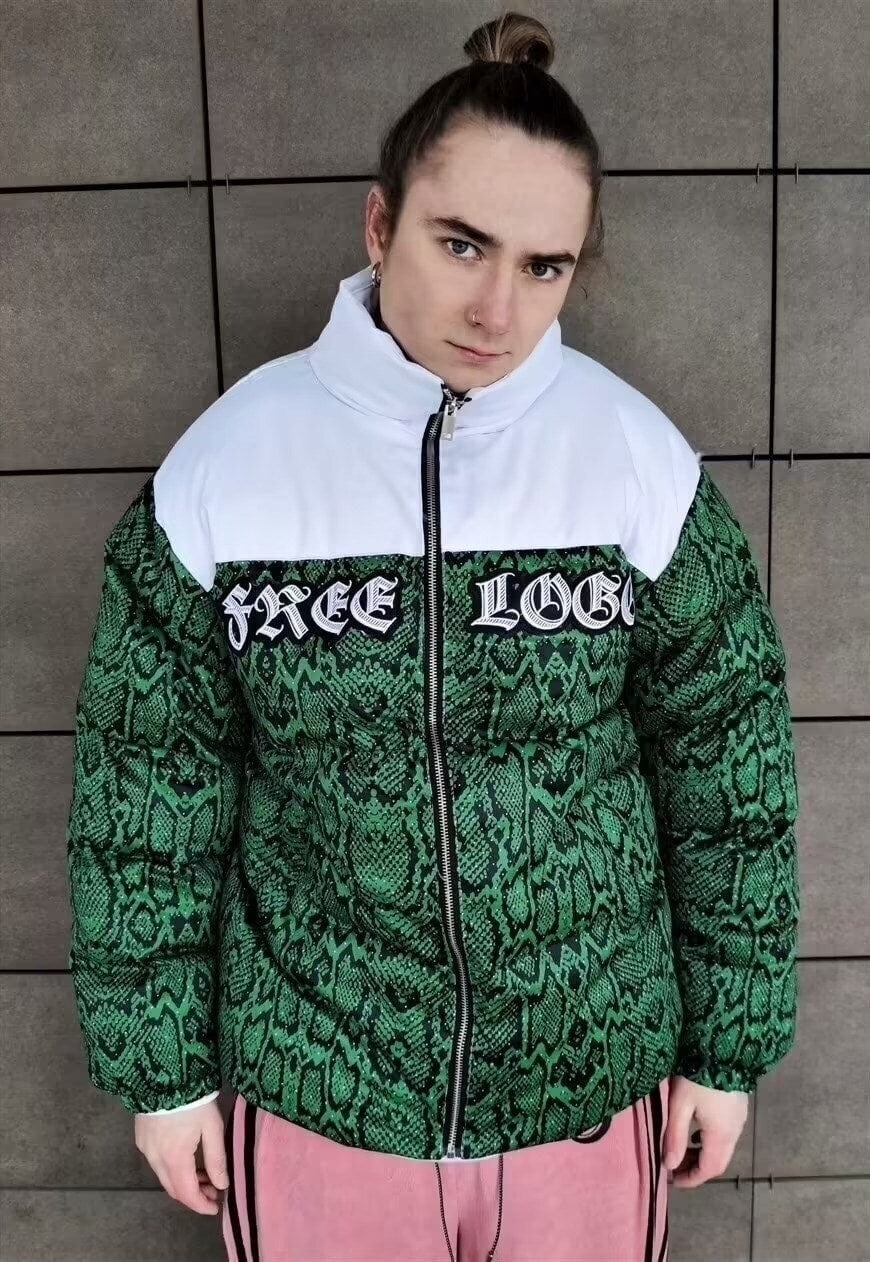 Snake print bomber python puffer jacket in green white
