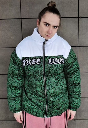 Snake print bomber python puffer jacket in green white