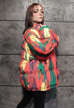 Tie-dye corduroy flame bomber space puffer jacket orange