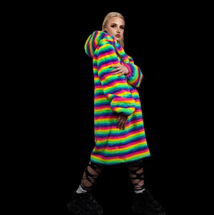 Rainbow coat hooded Gay pride trench striped rave bomber detachable fleece fluorescent festival bomber removable sleeves burning man jacket