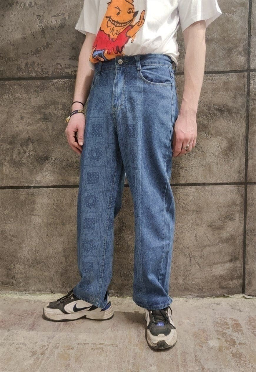 Paisley reworked denim overalls bandana straight fit jeans