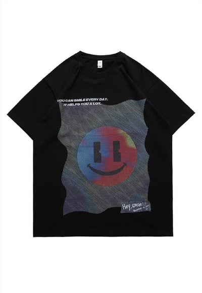 Smile print t-shirt emoji tee skater rainbow top in Black