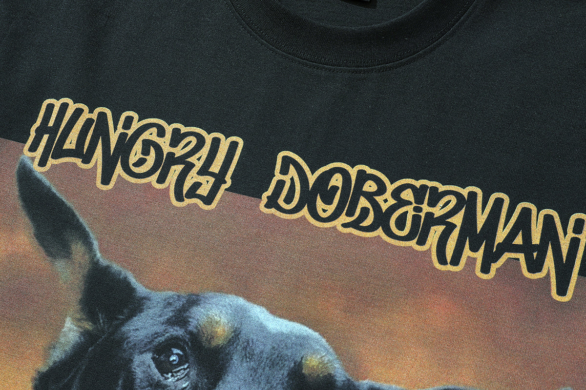Hungry Doberman t-shirt pinscher print tee retro dog top in Beige