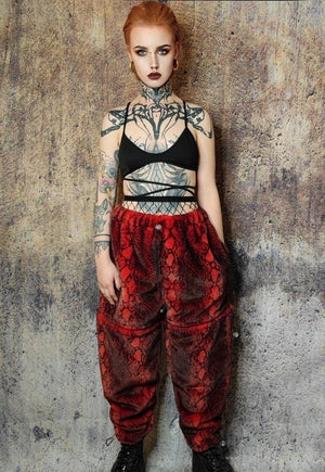 Snake fur joggers handmade luxury python fleece pants in red