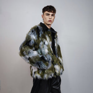 Short jacquard fur jacket green shaggy mink coat fuzzy going out military bomber party fleece fancy dress fluffy peacoat army camo overcoat