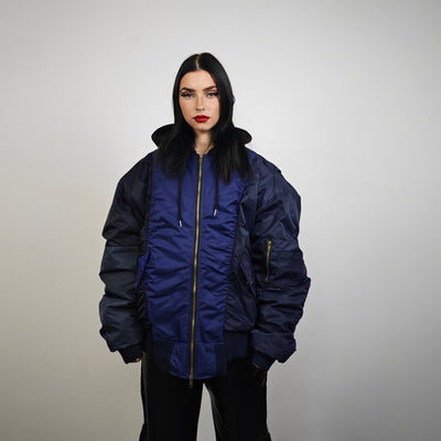 Hooded oversize bomber jacket blue colour block baggy utility MA1 90s college coat rapper windbreaker hip-hop rain jacket stitch rave puffer