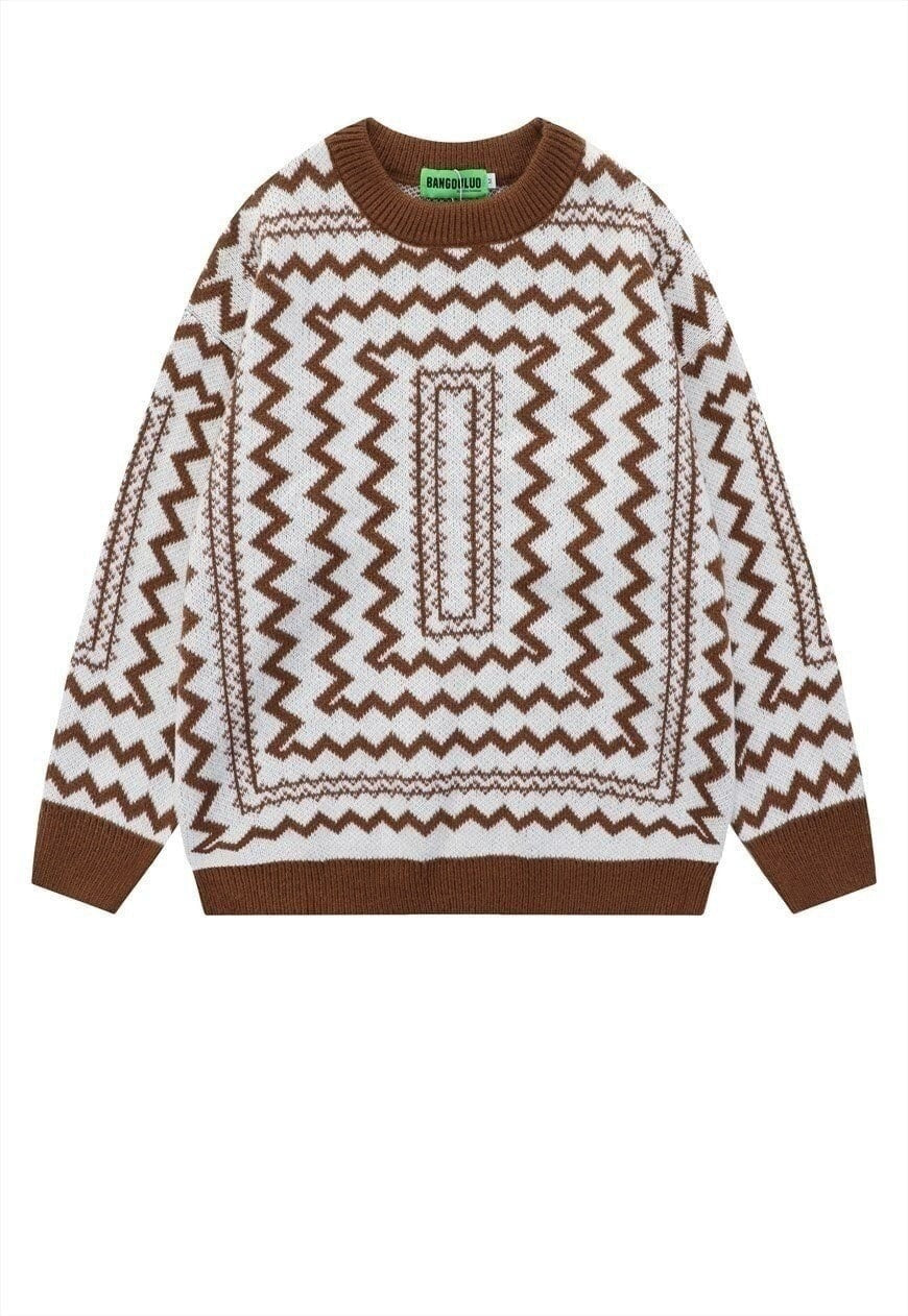 Geometric sweater knit retro stripe jumper zigzag top Brown