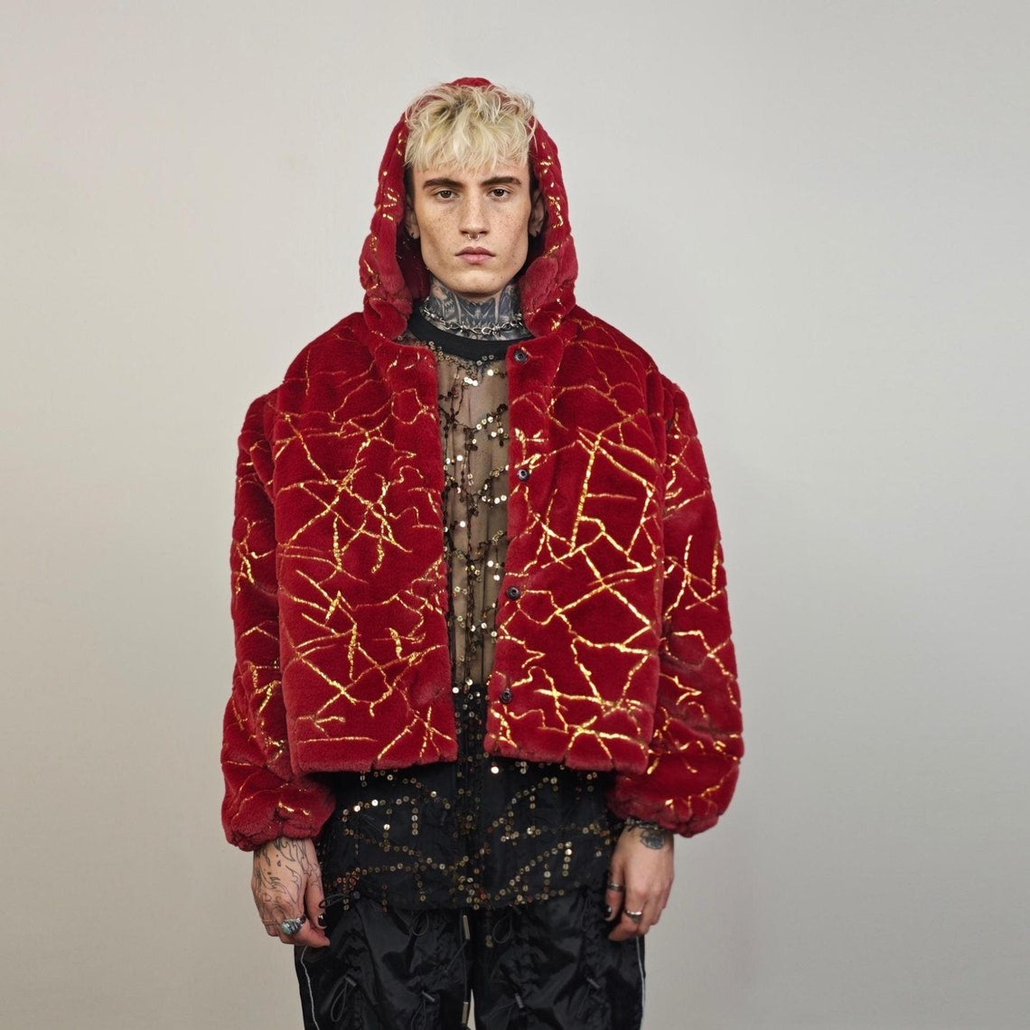 Collarless going out coat red gold glitter trench shiny embellished fleece jacket detachable sleeves handmade party overcoat festival set