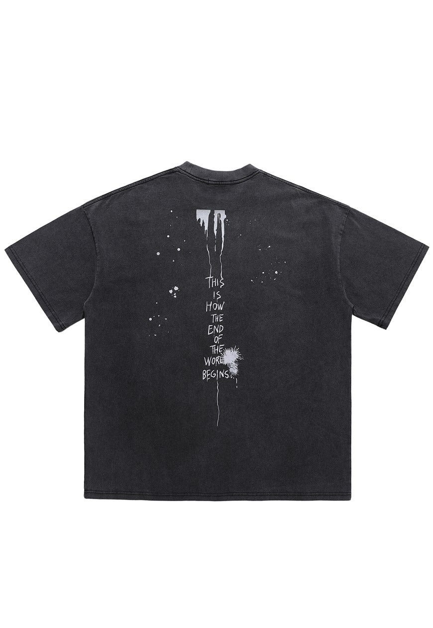 Pugh slogan t-shirt end of world tee retro wash top in grey