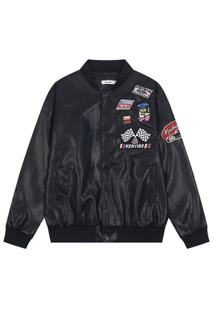 Faux leather racing jacket motorsports PU patchwork bomber