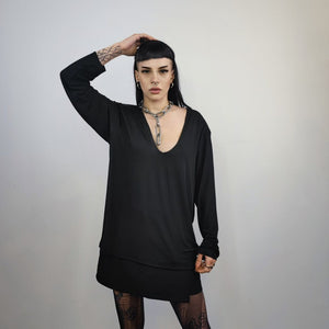 Deep V-neck top revealing blouse solid sweatshirt cut out neck long sleeve t-shirt rocker jumper edgy baggy tee in black