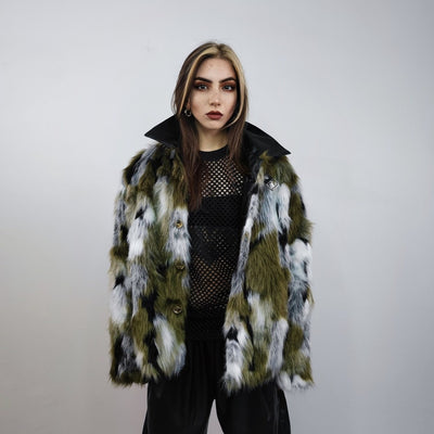 Short jacquard fur jacket green shaggy mink coat fuzzy going out military bomber party fleece fancy dress fluffy peacoat army camo overcoat