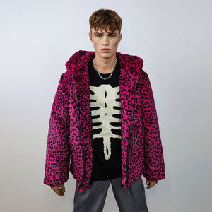 Hooded faux fur leopard jacket animal print bomber bright raver coat fluffy cheetah fleece festival puffer neon burning man overcoat in pink