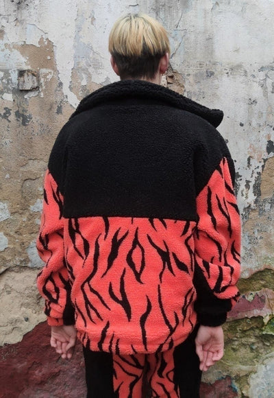 Grunge fleece bomber handmade warm zebra jacket in orange