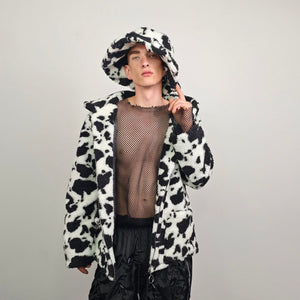 Cow fleece jacket white hooded animal print bomber festival coat furry overcoat spot print  pullover Dalmatian jumper psychedelic rave top