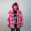 Hooded faux fur striped jacket zebra bomber neon raver coat fluffy tie-dye fleece festival puffer burning man going out overcoat red pink