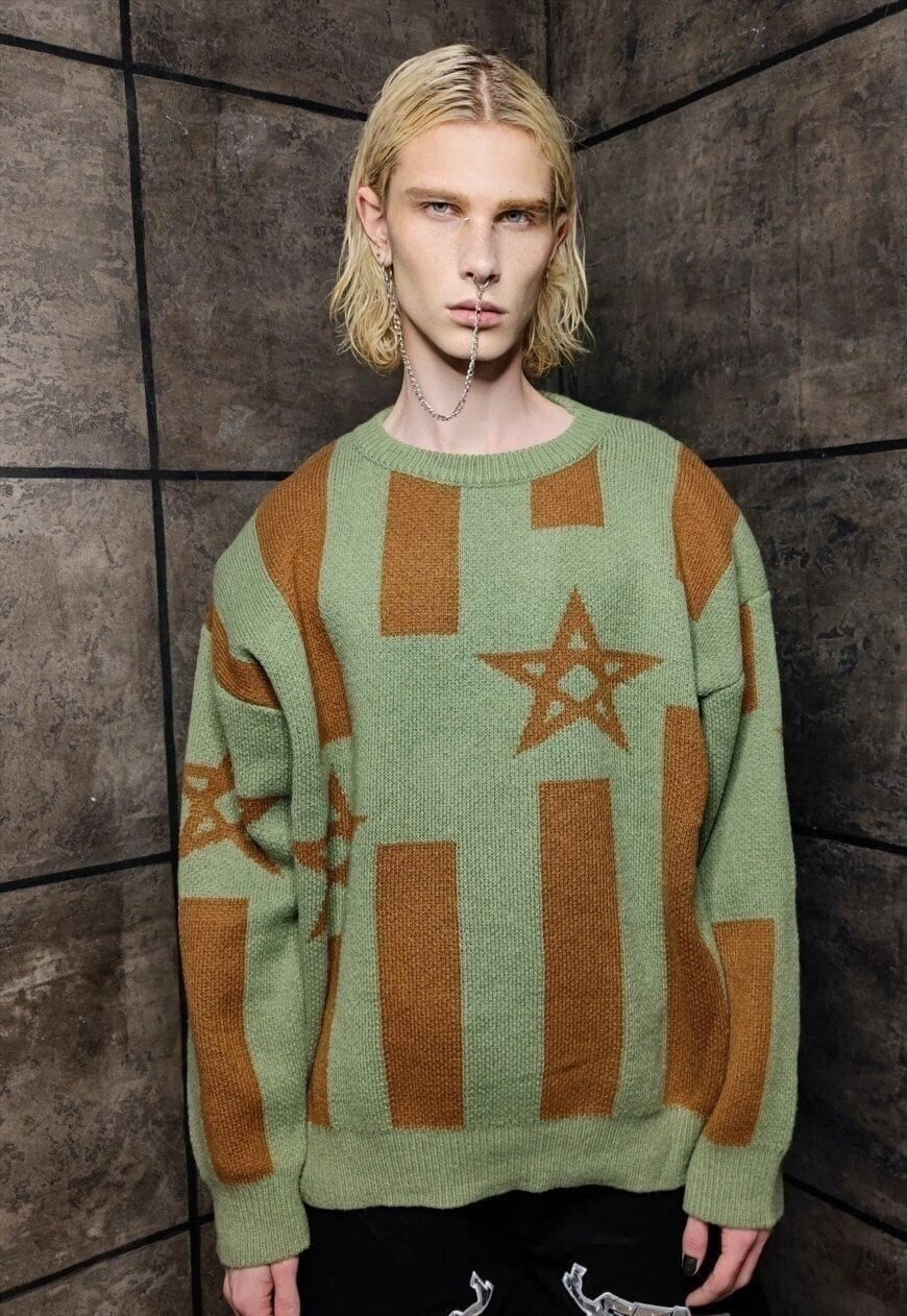 Star sweater pentagram jumper Punk top in green