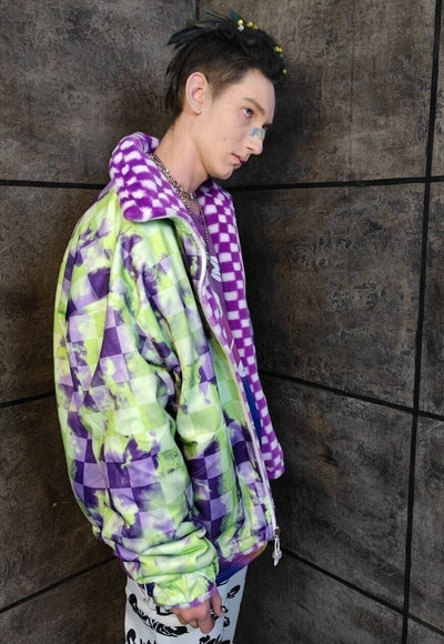 Check fleece jacket handmade reversible chess bomber purple