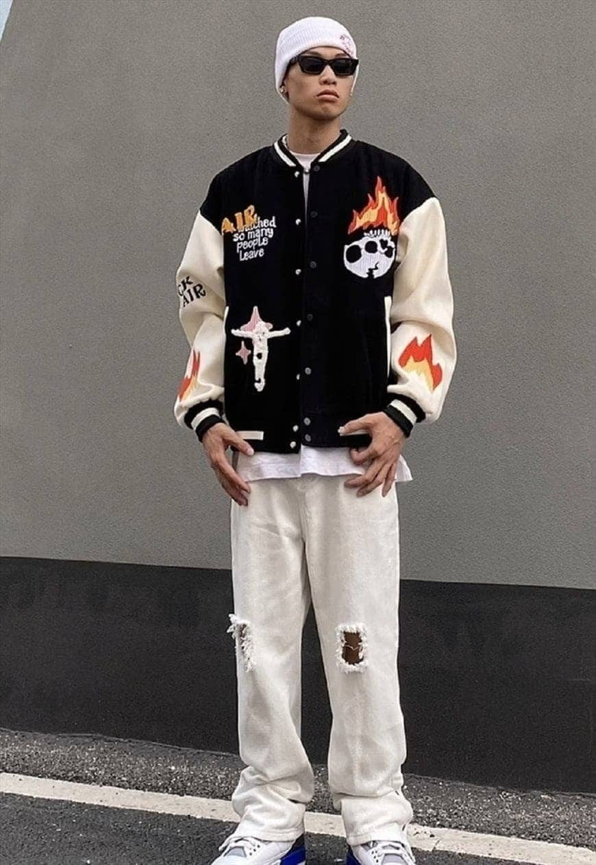 Flame varsity jacket faux leather skeleton bomber in black