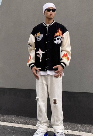 Flame varsity jacket faux leather skeleton bomber in black