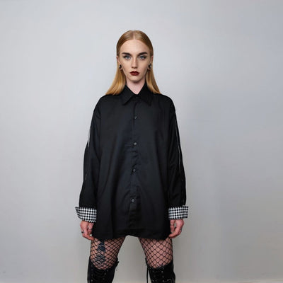 Checked utility shirt split sleeve gothic top unusual catwalk blouse punk rocker jumper gingham sleeves pullover button up shirt in black