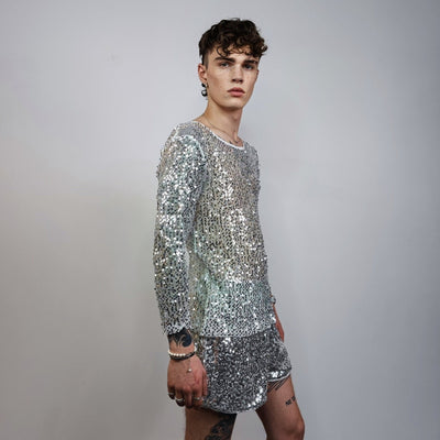 Transparent sequin top silver embellished mesh sweatshirt sheer blouse metallic catwalk jumper party see-through top festival glitter tee